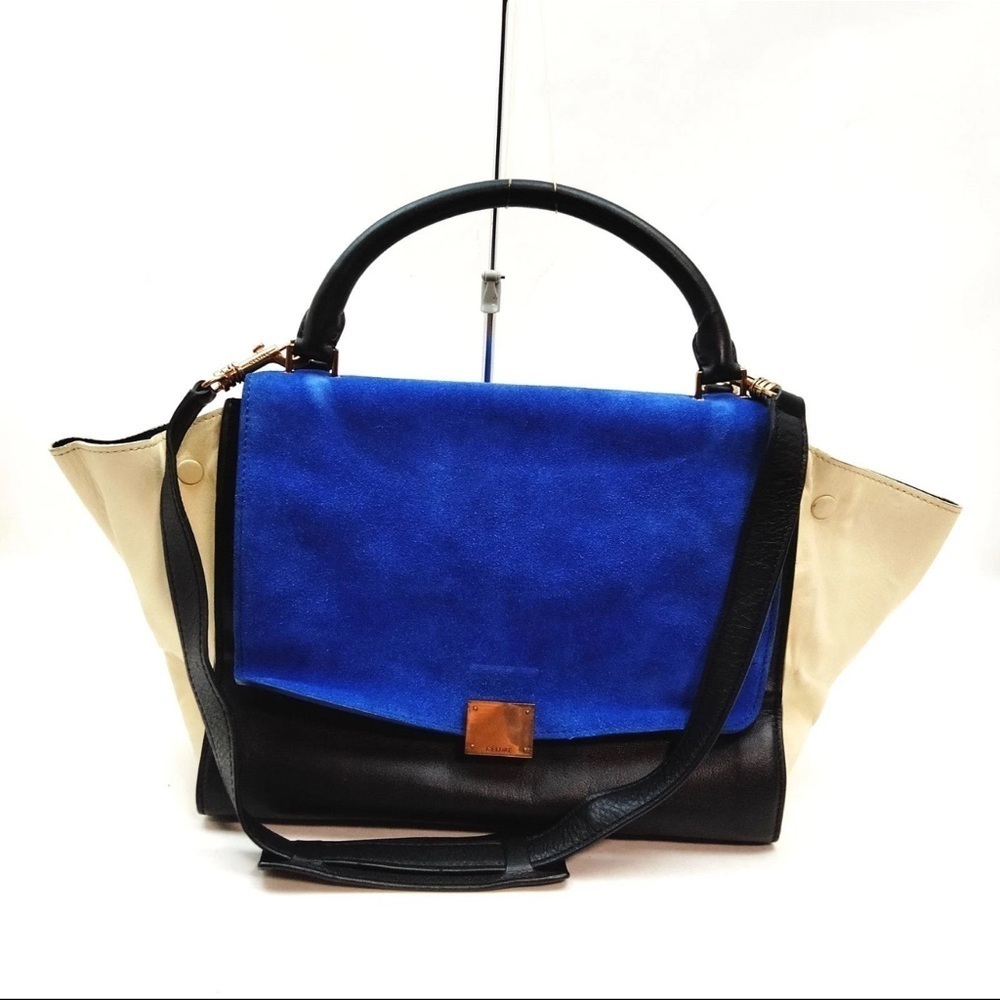 Celine Cobalt/Black/Cream Tri-Color Smooth Leather And Suede Trapeze Bag
